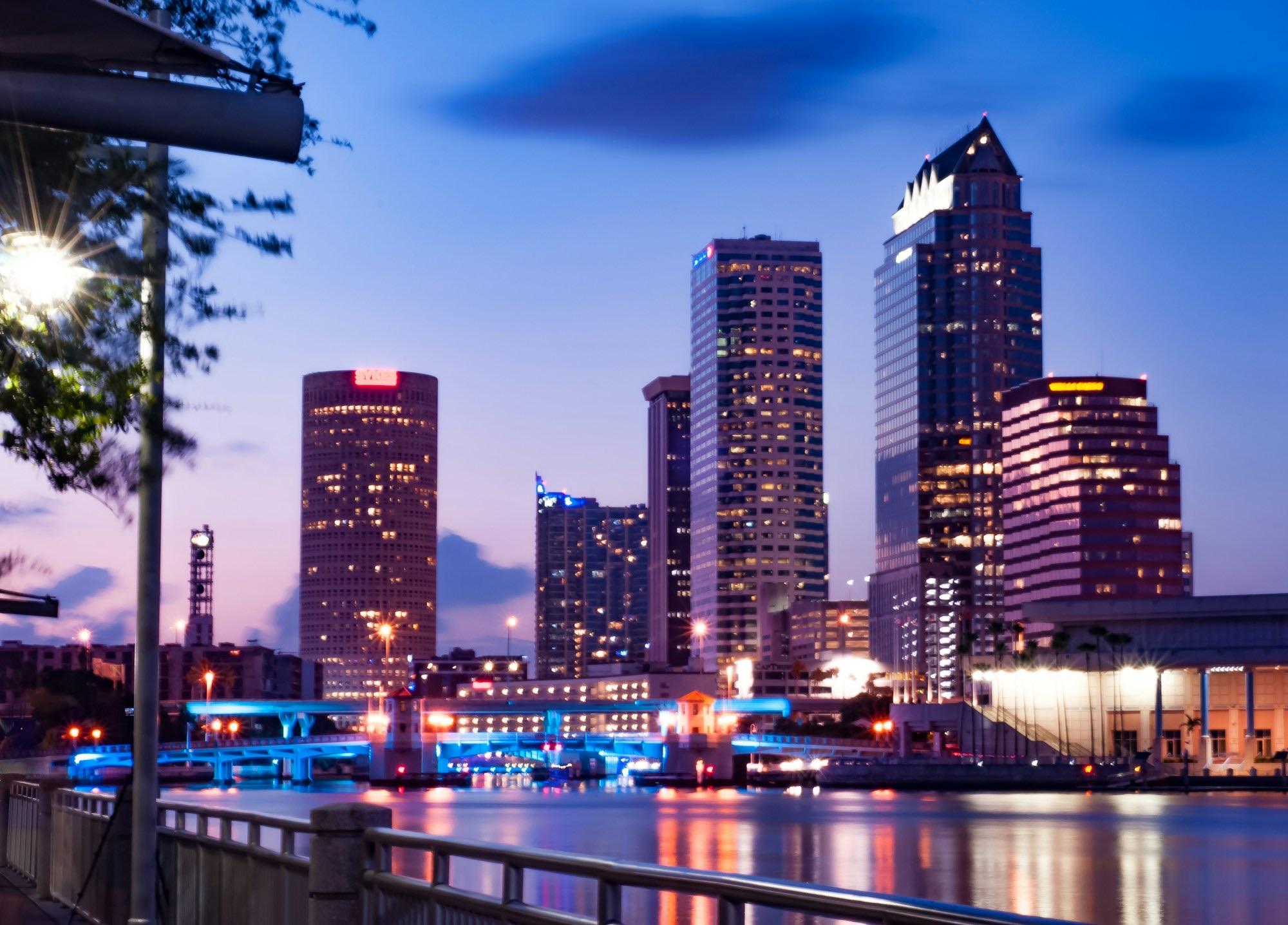 Downtown Tampa skyline reflected on the water at twilight